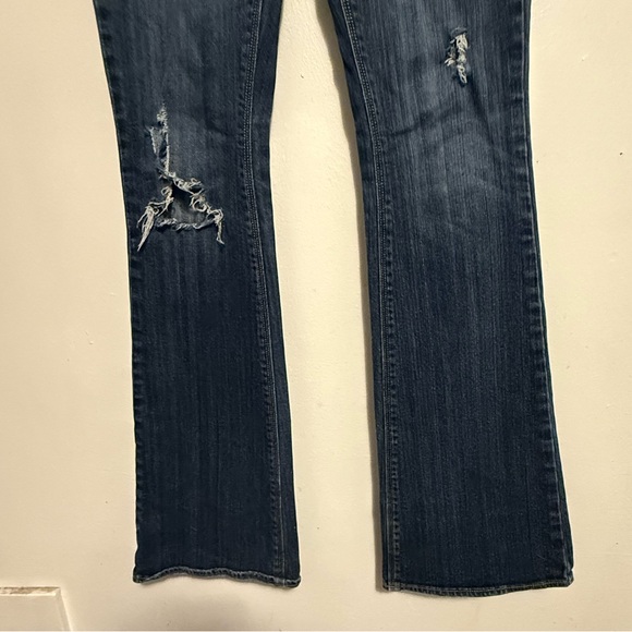 American Eagle Women's Blue Distressed Jeans Size 4 XLong Double Button Flared - Picture 3 of 16
